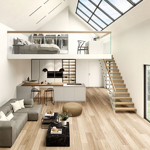 Ambiente realizzato con pagimento della collezione W3, variante Burl honey