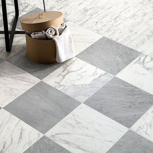 Pavimento della collezione Rêve, composizione a scacchiera varianti Gris e Blanc