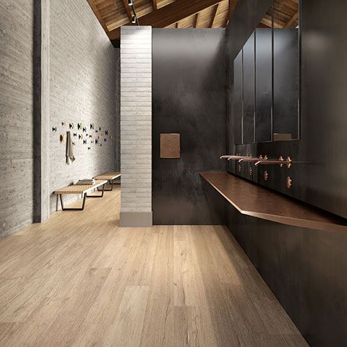 Ambiente spogliatoio realizzato con pavimento della collezione W3, variante Burl Cookie