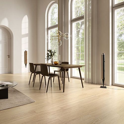 Ambiente Living realizzato con pavimento della collezione W3, variante Class Amber