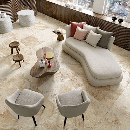 Immagine del pavimento di un living in un moderno appartamento, serie Bloom colore Beige