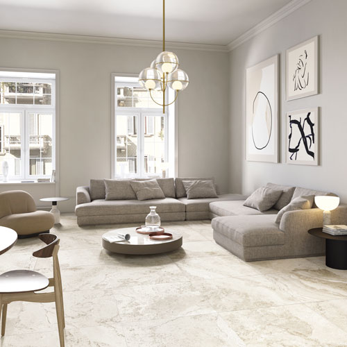 Immagine del pavimento di un living in un moderno appartamento, serie Bloom colore White