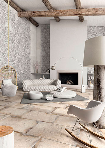 immagine del pavimento effetto cotto serie Context, colore White all'interno di un living con camino