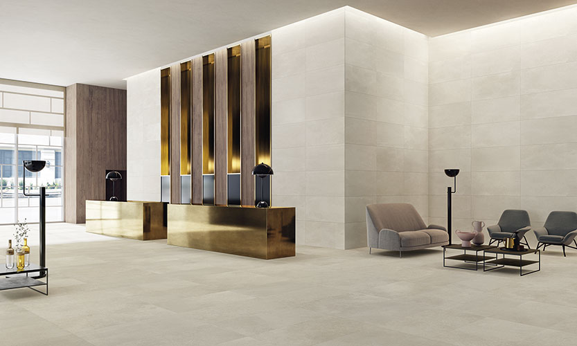Reception di hotel con pavimento e rivestimento Ivory, serie Feel