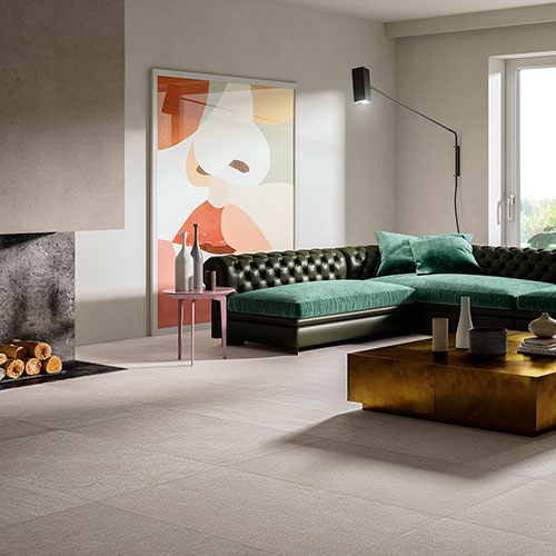 Living room con pavimento Pearl, serie Feel