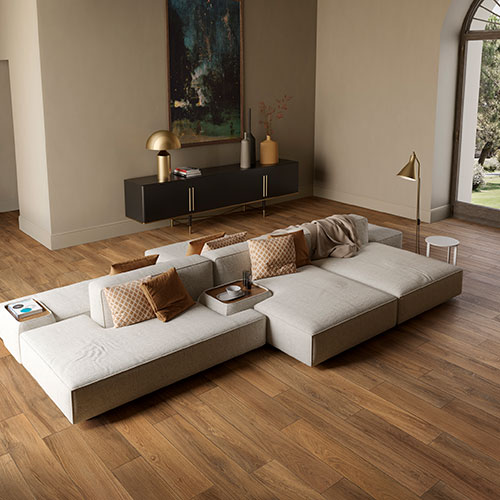 living con pavimento variante Autumn, collezione Groove effetto legno