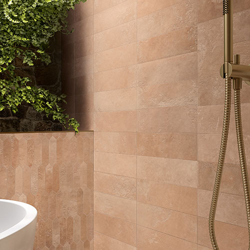 dettaglio rivestimento variante Amberpeach, collezione Home effetto cotto