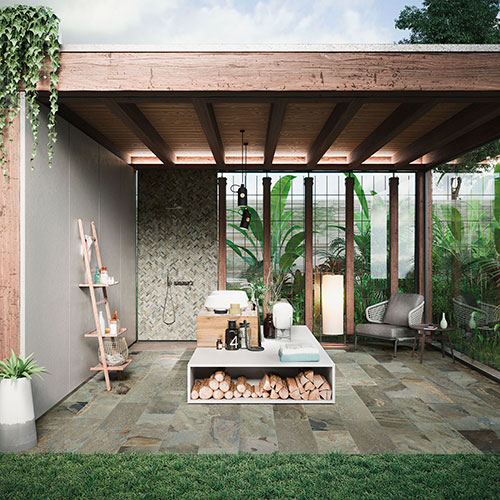 Ambiente esterno con pavimento della collezione More, variante Sage