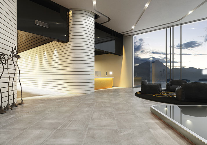 Reception realizzata con Pavimento della collezione Sands, variante Grey