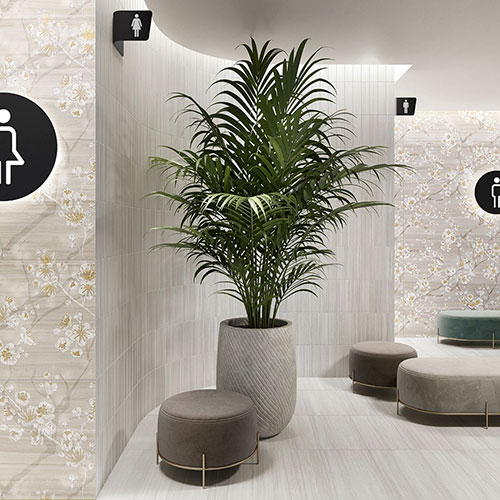 Ambiente realizzato con pavimento e rivestimento della collezione Silky, variante Grey
