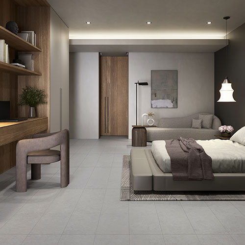 Ambiente camera realizzato con pavimento della Collezione Spring, variante Grey