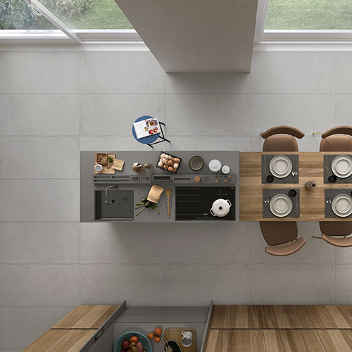 Ambiente cucina realizzato con pavimento della Collezione Spring, variante Grey