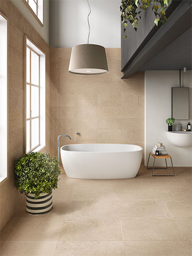 Ambiente bagno realizzato con rivestimento e pavimento della Collezione Stones, variante Amber