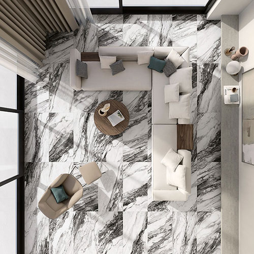 Ambiente living realizzato con pavimento della collezione Touché, variante Zèbre