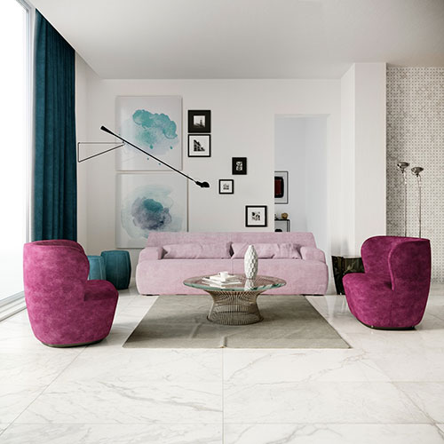 Living realizzato con pavimento e rivestimento della collezione Velvet, variante White