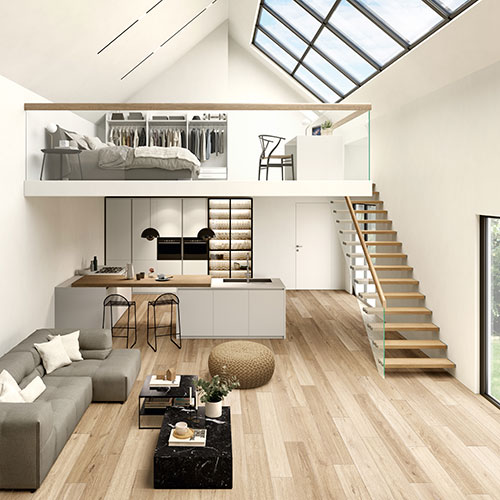 Ambiente realizzato con pagimento della collezione W3, variante Burl honey