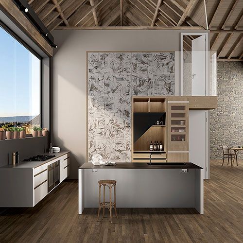 Ambiente cucina realizzato con rivestimento e pavimento della collezione Shizen, variante Torba