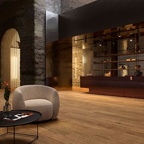 living room con pavimento variante Autumn, collezione Groove effetto legno