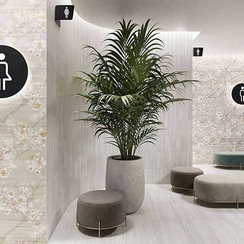 Ambiente realizzato con pavimento e rivestimento della collezione Silky, variante Grey