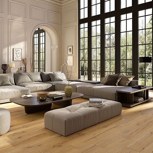 living room con pavimento variante Sunset, collezione Groove effetto legno