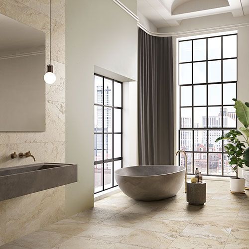 Immagine del pavimento di un bagno in un moderno appartamento, serie Bloom colore Beige