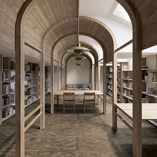 Ambiente pubblico biblioteca realizzato con pavimento della collezione Shizen, variante Cenere