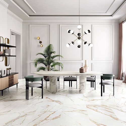 Immagine del pavimento della serie Charme colore Gold, in un living di palazzo signorile molto ampio e luminoso.