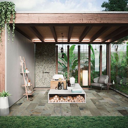 Ambiente esterno con pavimento della collezione More, variante Sage