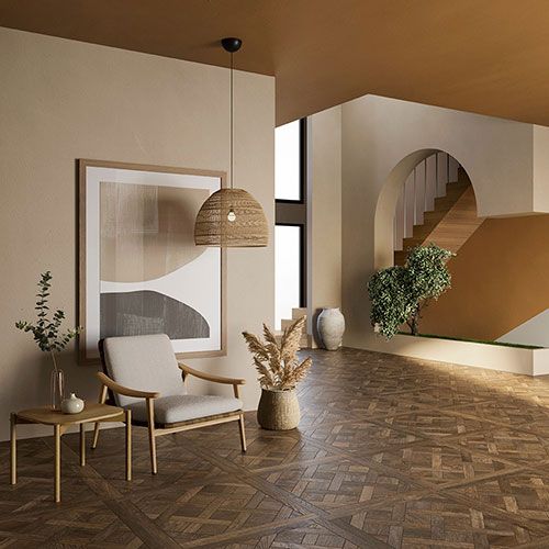 Ingresso realizzato con pavimento della collezione Shizen, variante Torba