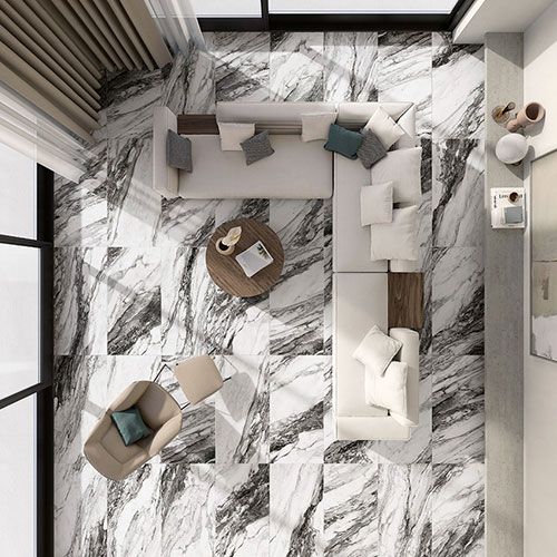 Ambiente living realizzato con pavimento della collezione Touché, variante Zèbre
