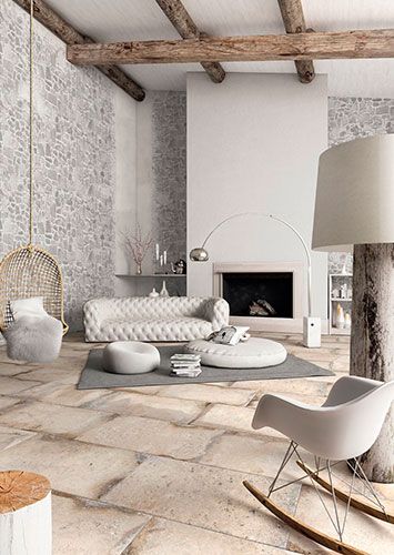 immagine del pavimento effetto cotto serie Context, colore White all'interno di un living con camino