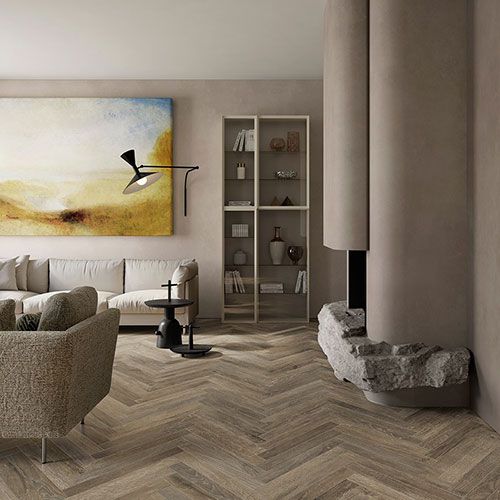 Living realizzato con pavimento e rivestimento della collezione Shizen, variante Cenere