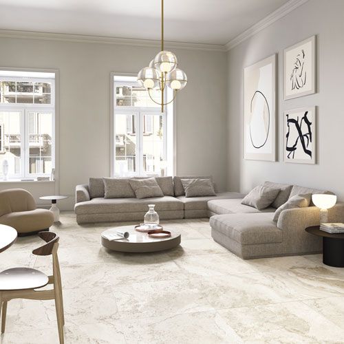 Immagine del pavimento di un living in un moderno appartamento, serie Bloom colore White