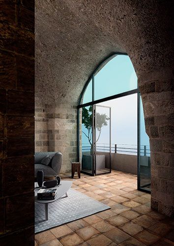 immagine del pavimento effetto cotto serie Context, colore Amber, all'interno di un living rustico