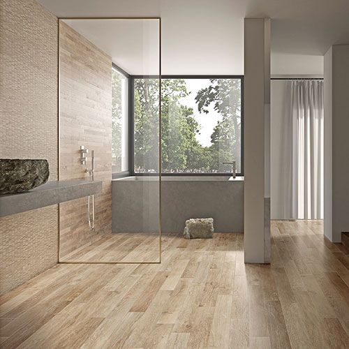 Bagno realizzato con Pavimento e Rivestimento della collezione Shizen, variante Miele