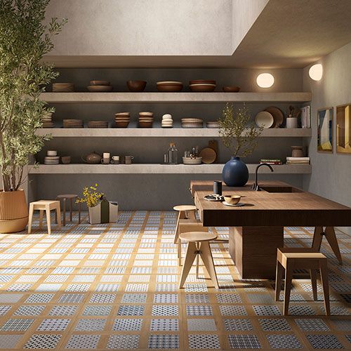 cucina con pavimento variante Sunset, collezione Groove effetto legno