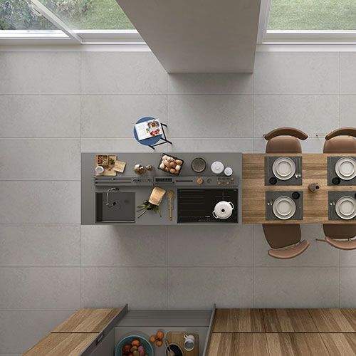Ambiente cucina realizzato con pavimento della Collezione Spring, variante Grey